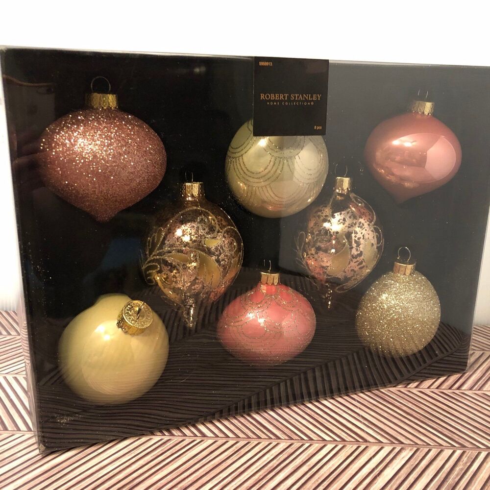 8 Glass Christmas Ornaments Robert Stanley Home Collection Blush Pink Gold Tones